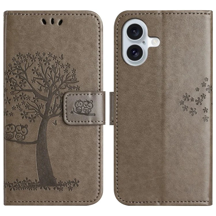 For iPhone 16 Case Wallet PU Leather Protective Phone Cover Owl Tree Pattern