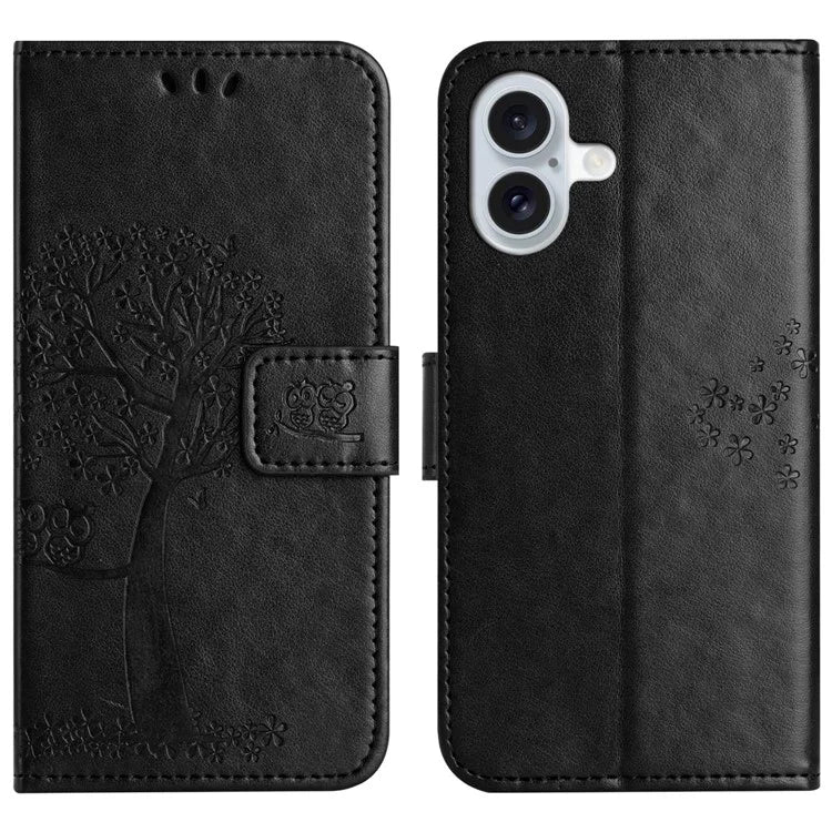 For iPhone 16 Case Wallet PU Leather Protective Phone Cover Owl Tree Pattern