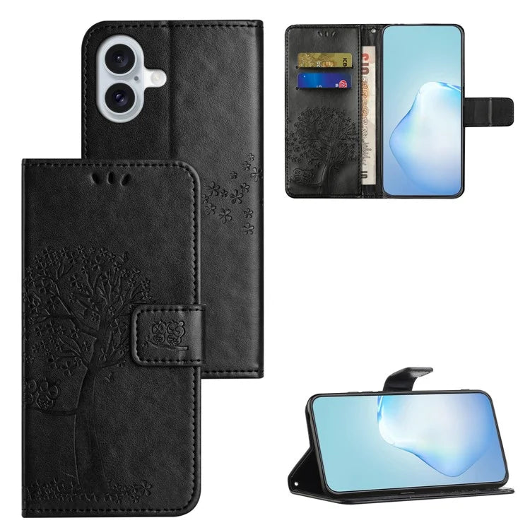 For iPhone 16 Case Wallet PU Leather Protective Phone Cover Owl Tree Pattern