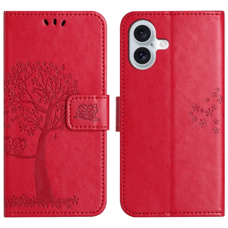 For iPhone 16 Case Wallet PU Leather Protective Phone Cover Owl Tree Pattern