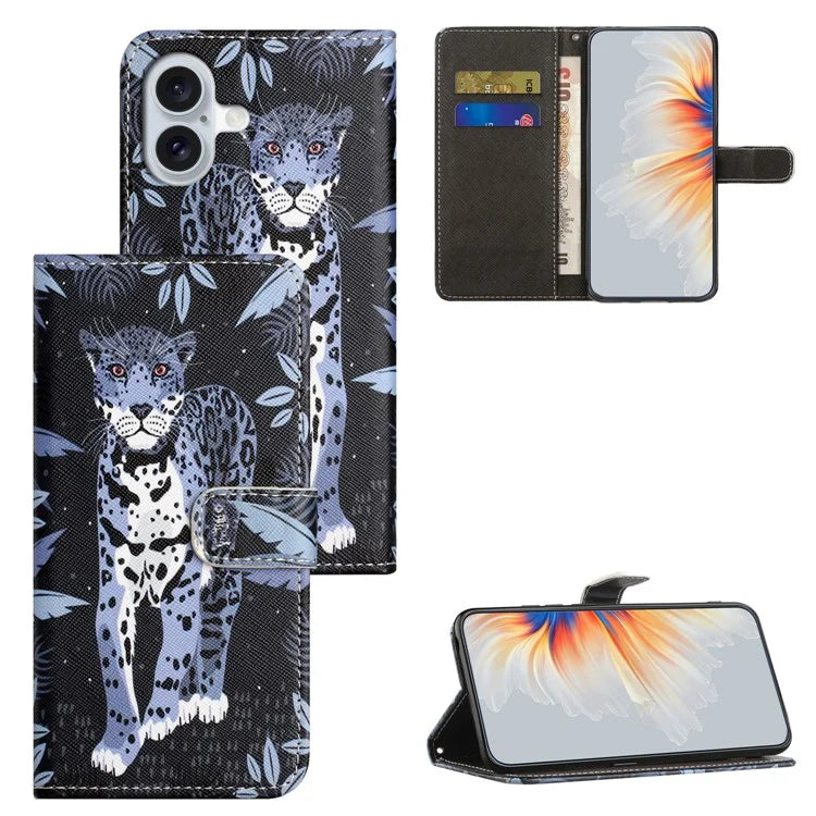For iPhone 16 Case Pattern Print PU Leather Wallet Phone Cover Cross Texture