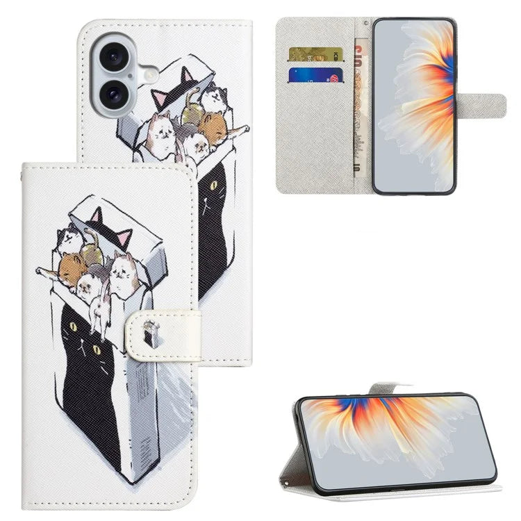 For iPhone 16 Case Pattern Print PU Leather Wallet Phone Cover Cross Texture