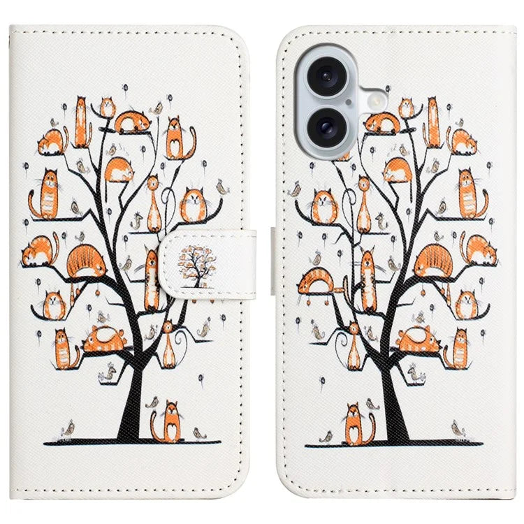 For iPhone 16 Case Pattern Print PU Leather Wallet Phone Cover Cross Texture