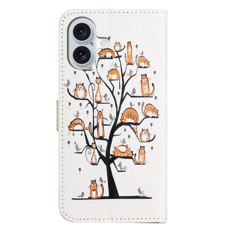 For iPhone 16 Case Pattern Print PU Leather Wallet Phone Cover Cross Texture