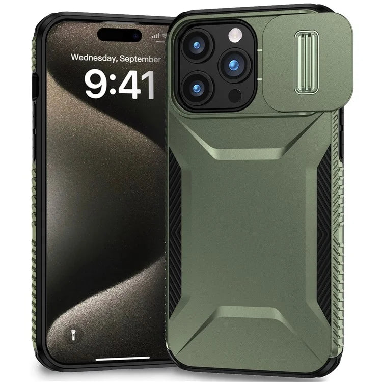 For iPhone 15 Pro Max Case Shockproof PC+TPU Phone Shell with Sliding Camera Cover