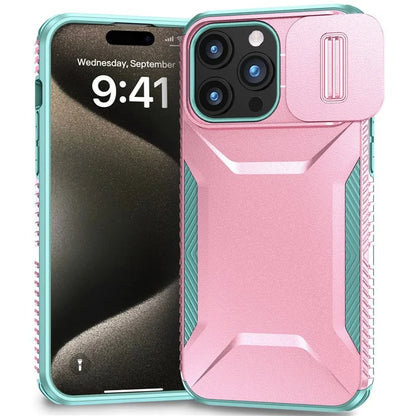 For iPhone 15 Pro Max Case Shockproof PC+TPU Phone Shell with Sliding Camera Cover
