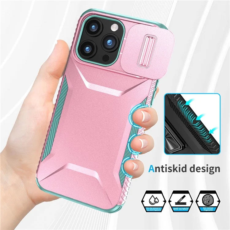 For iPhone 15 Pro Max Case Shockproof PC+TPU Phone Shell with Sliding Camera Cover