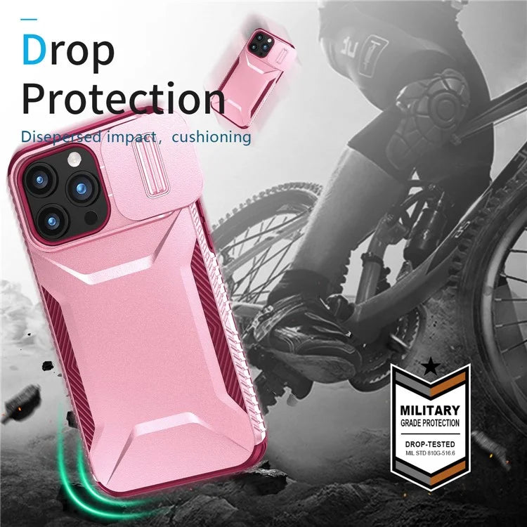 For iPhone 15 Pro Max Case Shockproof PC+TPU Phone Shell with Sliding Camera Cover