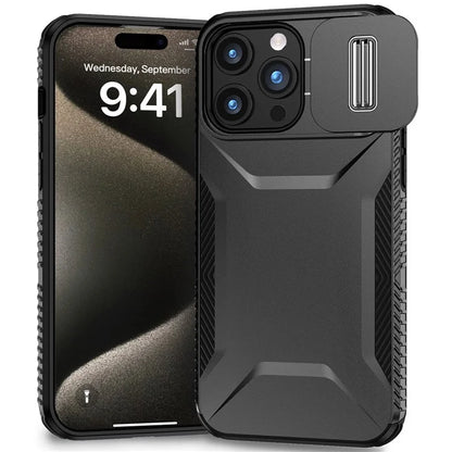 For iPhone 15 Pro Max Case Shockproof PC+TPU Phone Shell with Sliding Camera Cover