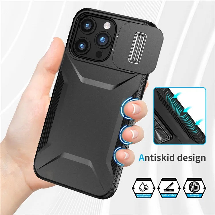For iPhone 15 Pro Max Case Shockproof PC+TPU Phone Shell with Sliding Camera Cover