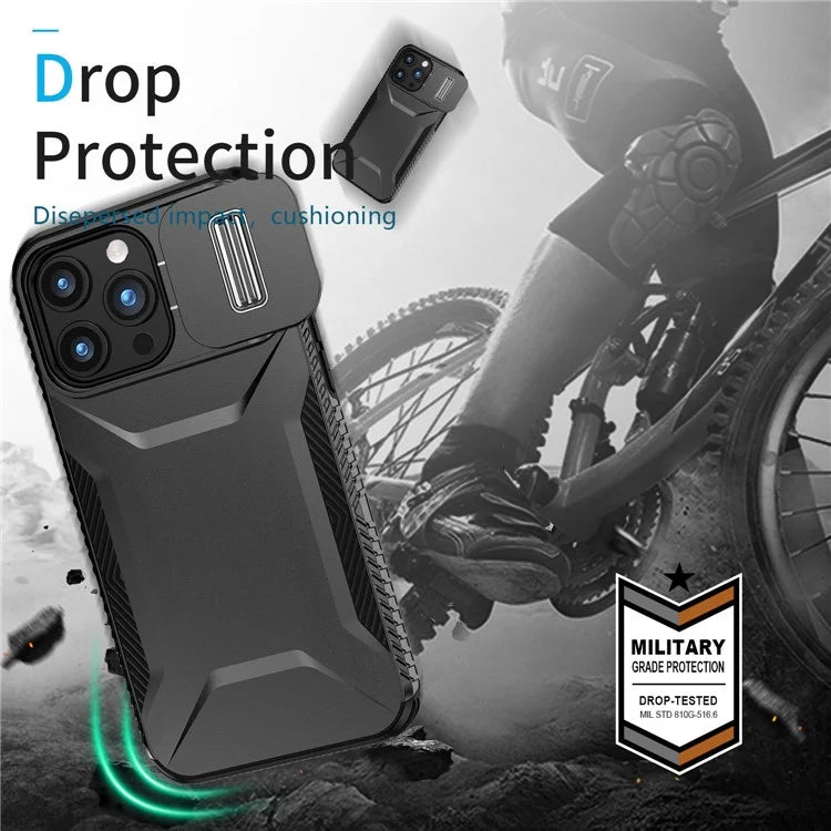 For iPhone 15 Pro Max Case Shockproof PC+TPU Phone Shell with Sliding Camera Cover