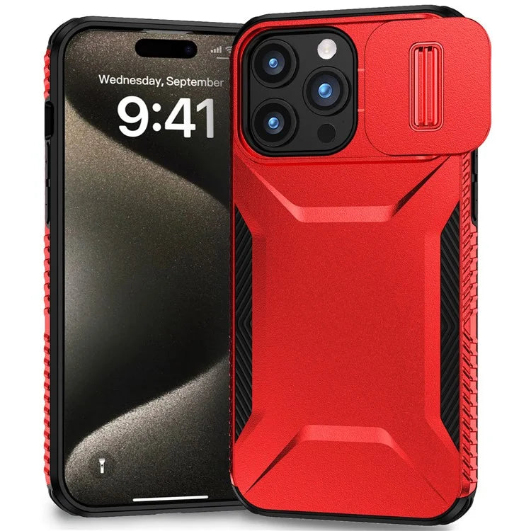 For iPhone 15 Pro Max Case Shockproof PC+TPU Phone Shell with Sliding Camera Cover