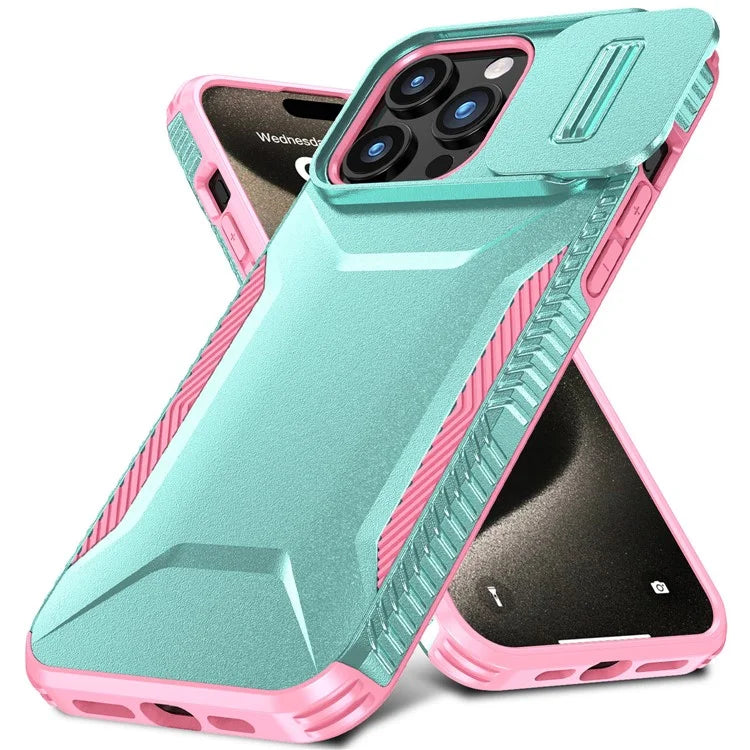 For iPhone 15 Pro Max Case Shockproof PC+TPU Phone Shell with Sliding Camera Cover