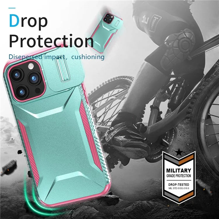 For iPhone 15 Pro Max Case Shockproof PC+TPU Phone Shell with Sliding Camera Cover