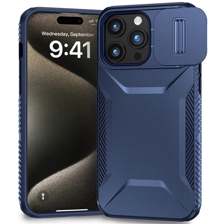For iPhone 15 Pro Max Case Shockproof PC+TPU Phone Shell with Sliding Camera Cover