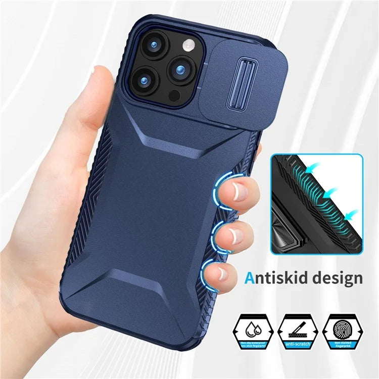 For iPhone 15 Pro Max Case Shockproof PC+TPU Phone Shell with Sliding Camera Cover