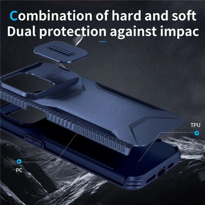For iPhone 15 Pro Max Case Shockproof PC+TPU Phone Shell with Sliding Camera Cover