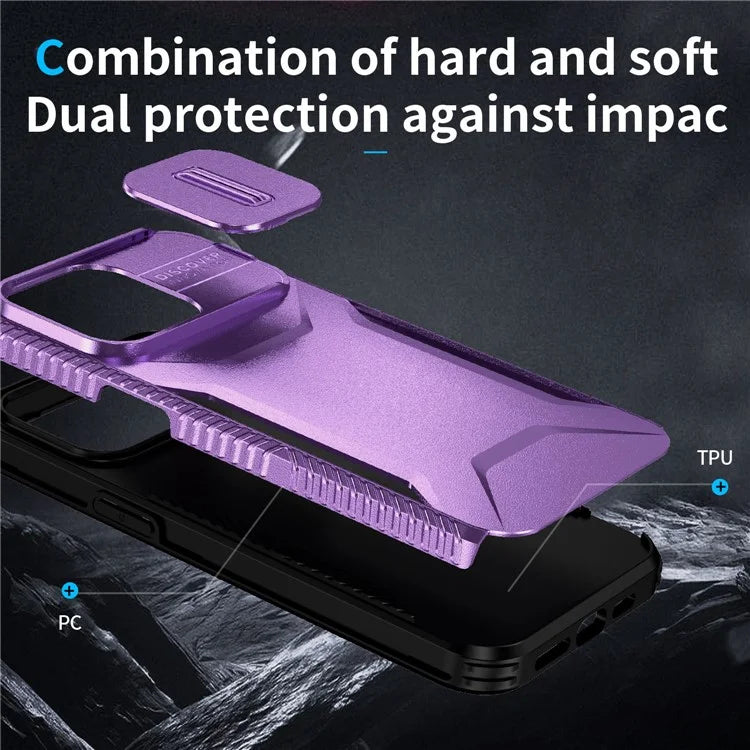 For iPhone 15 Pro Max Case Shockproof PC+TPU Phone Shell with Sliding Camera Cover