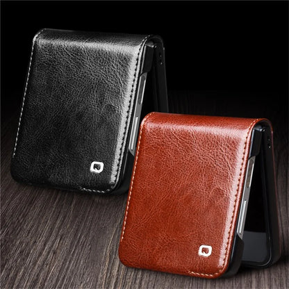 QIALINO For Samsung Galaxy Z Flip6 5G Case TPU+Genuine Cow Leather Folio Flip Phone Cover