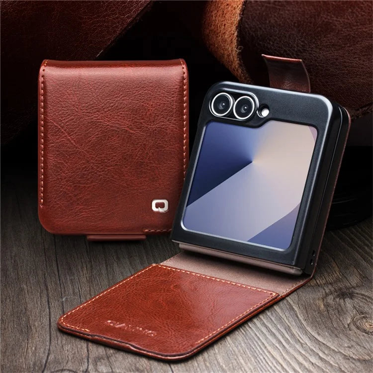 QIALINO For Samsung Galaxy Z Flip6 5G Case TPU+Genuine Cow Leather Folio Flip Phone Cover