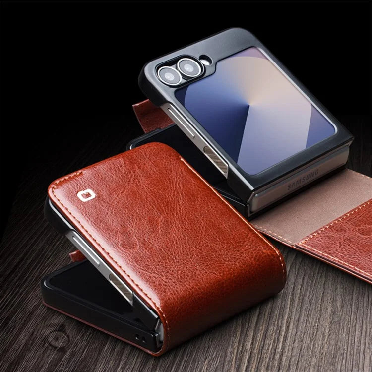 QIALINO For Samsung Galaxy Z Flip6 5G Case TPU+Genuine Cow Leather Folio Flip Phone Cover