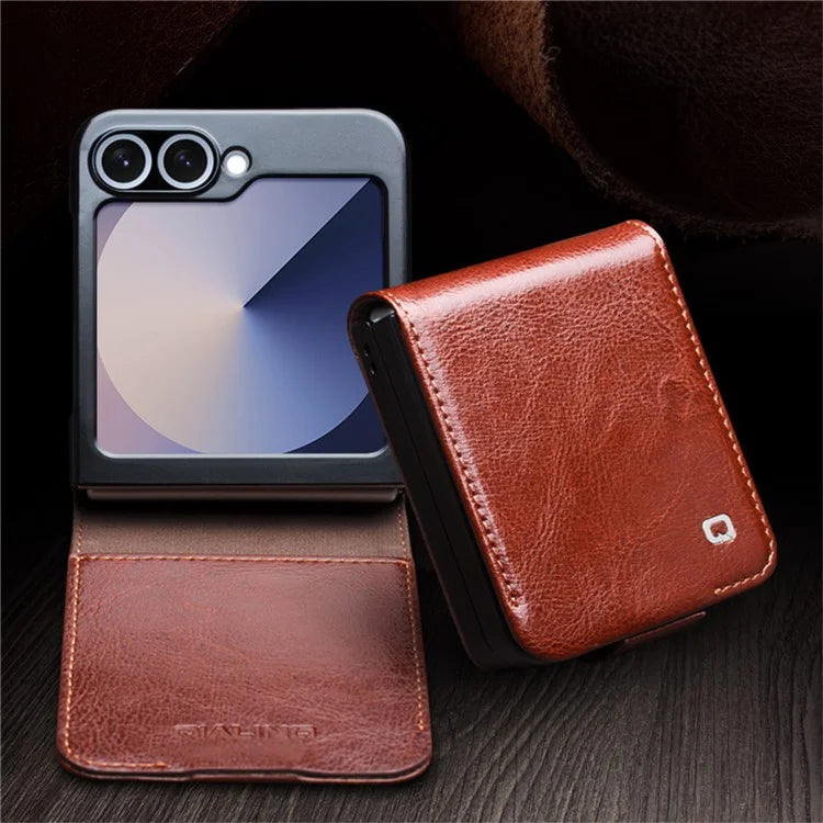 QIALINO For Samsung Galaxy Z Flip6 5G Case TPU+Genuine Cow Leather Folio Flip Phone Cover