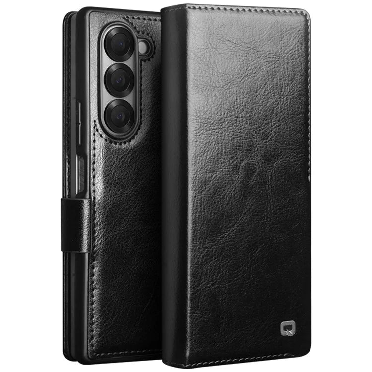 QIALINO For Samsung Galaxy Z Fold6 5G Case TPU+Genuine Cow Card Slot Leather Phone Cover