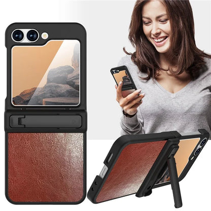GW181 For Samsung Galaxy Z Flip6 5G Case Crazy Horse Texture PU+PC Phone Cover with Kickstand