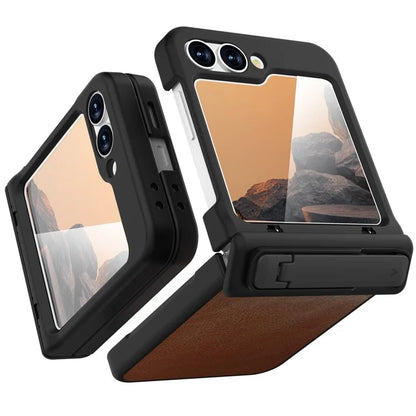 GW181 For Samsung Galaxy Z Flip6 5G Case Crazy Horse Texture PU+PC Phone Cover with Kickstand