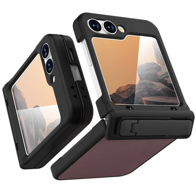 GW181 For Samsung Galaxy Z Flip6 5G Case Litchi Texture PU+PC Kickstand Phone Cover
