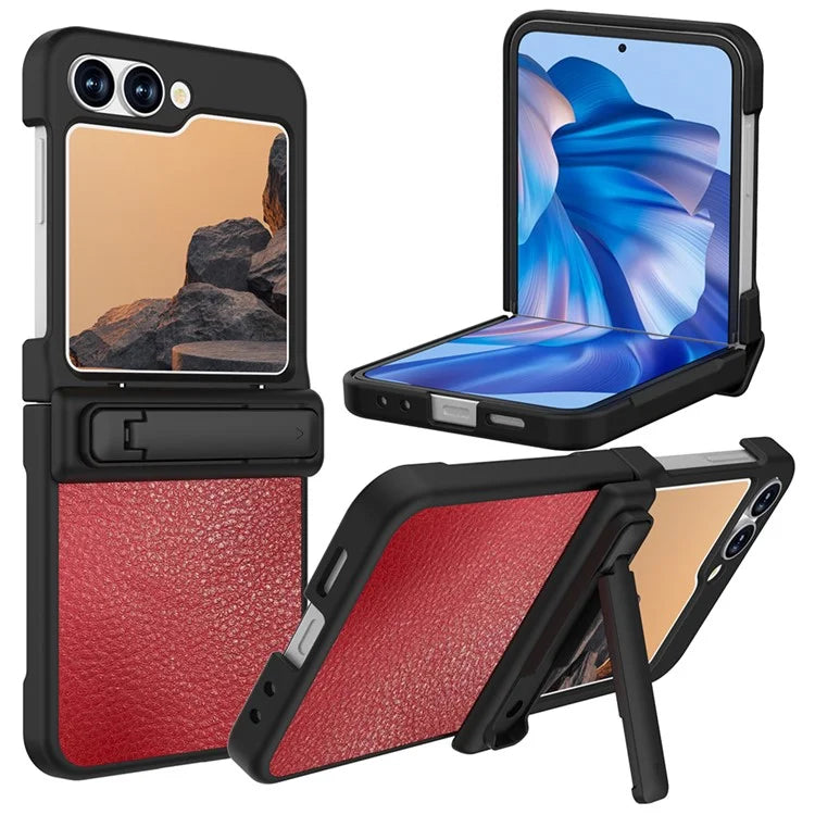 GW181 For Samsung Galaxy Z Flip6 5G Case Litchi Texture PU+PC Kickstand Phone Cover