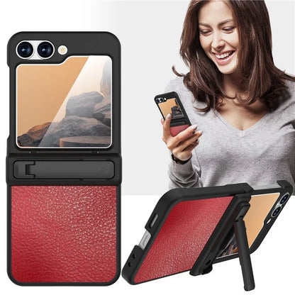 GW181 For Samsung Galaxy Z Flip6 5G Case Litchi Texture PU+PC Kickstand Phone Cover
