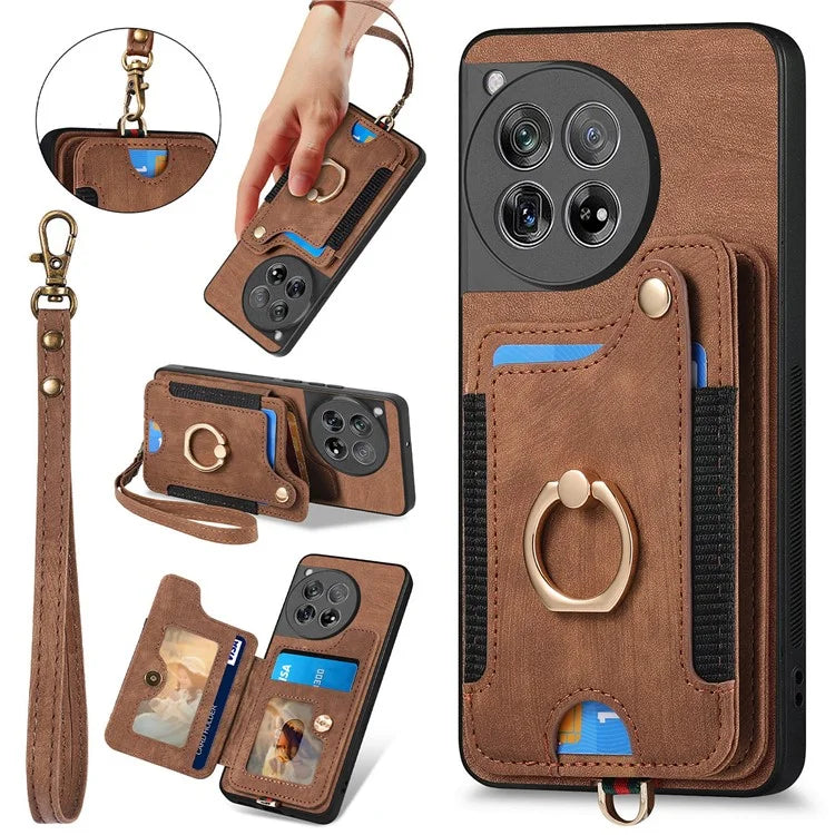 D4 For OnePlus 12 5G Case PU Leather RFID Blocking Back Cover Ring Holder Card Slots