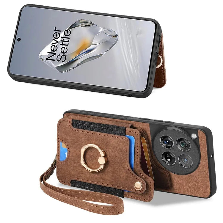 D4 For OnePlus 12 5G Case PU Leather RFID Blocking Back Cover Ring Holder Card Slots