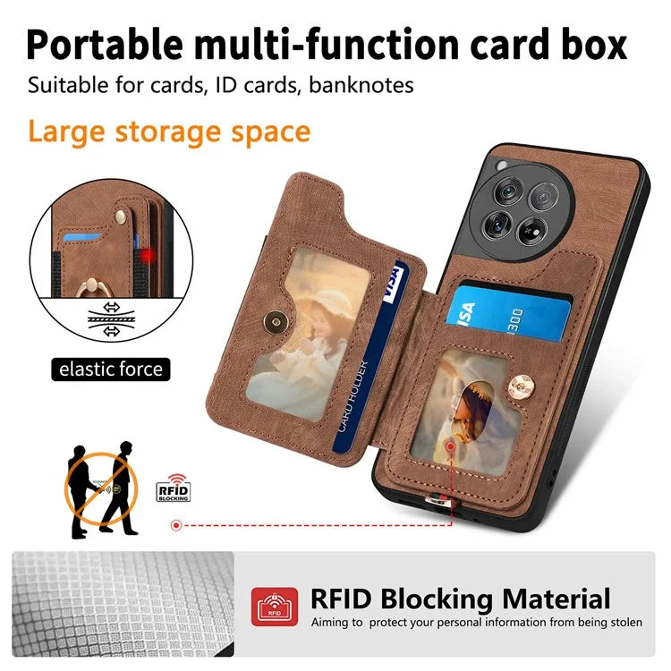 D4 For OnePlus 12 5G Case PU Leather RFID Blocking Back Cover Ring Holder Card Slots