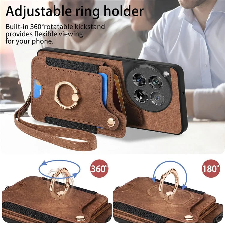 D4 For OnePlus 12 5G Case PU Leather RFID Blocking Back Cover Ring Holder Card Slots