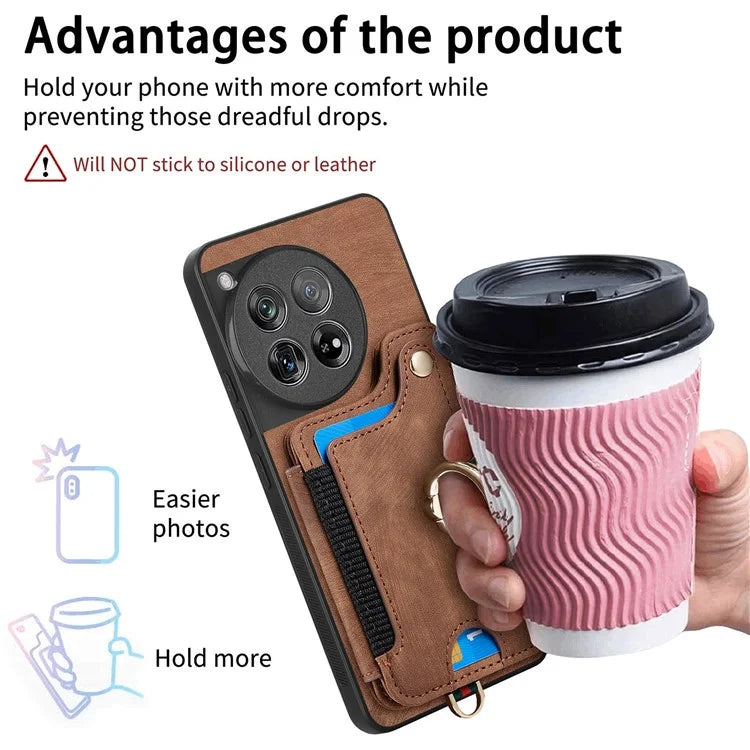 D4 For OnePlus 12 5G Case PU Leather RFID Blocking Back Cover Ring Holder Card Slots