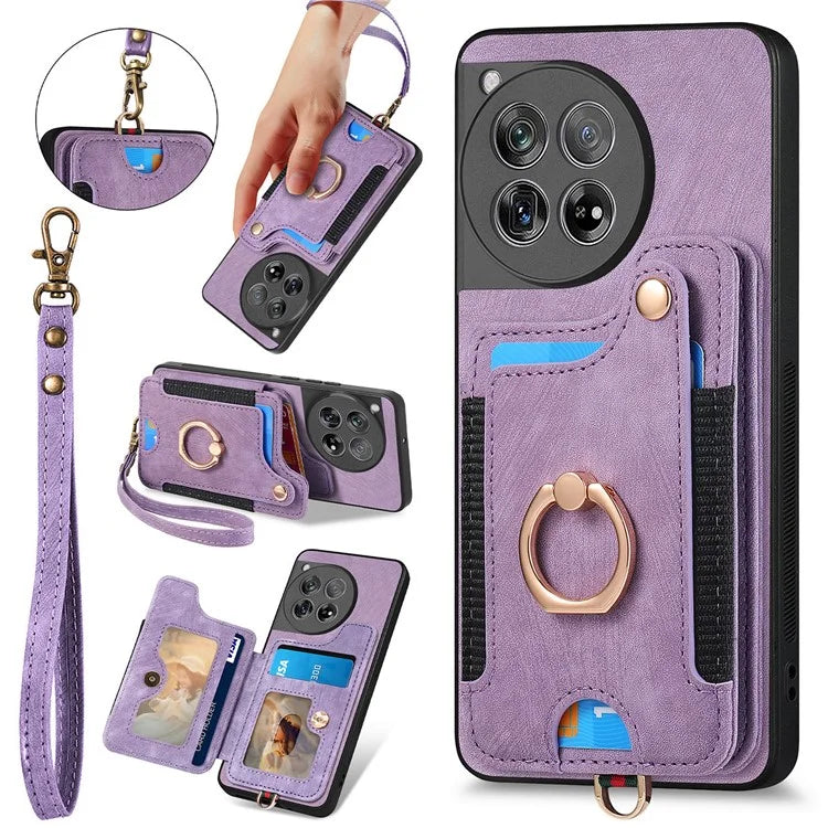 D4 For OnePlus 12 5G Case PU Leather RFID Blocking Back Cover Ring Holder Card Slots