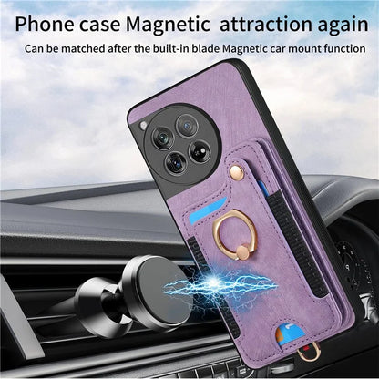 D4 For OnePlus 12 5G Case PU Leather RFID Blocking Back Cover Ring Holder Card Slots
