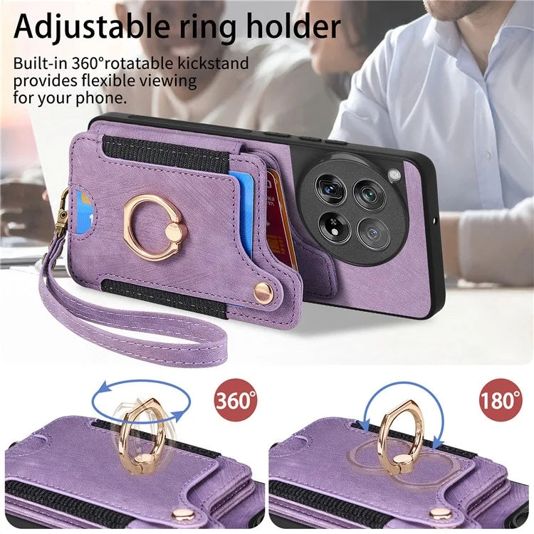 D4 For OnePlus 12 5G Case PU Leather RFID Blocking Back Cover Ring Holder Card Slots