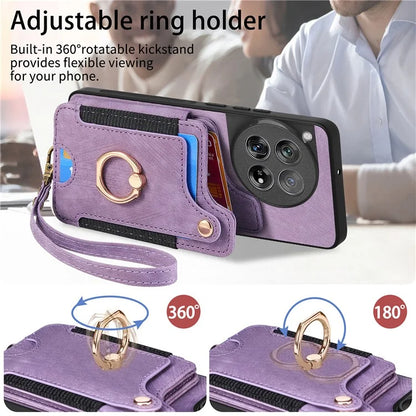 D4 For OnePlus 12 5G Case PU Leather RFID Blocking Back Cover Ring Holder Card Slots