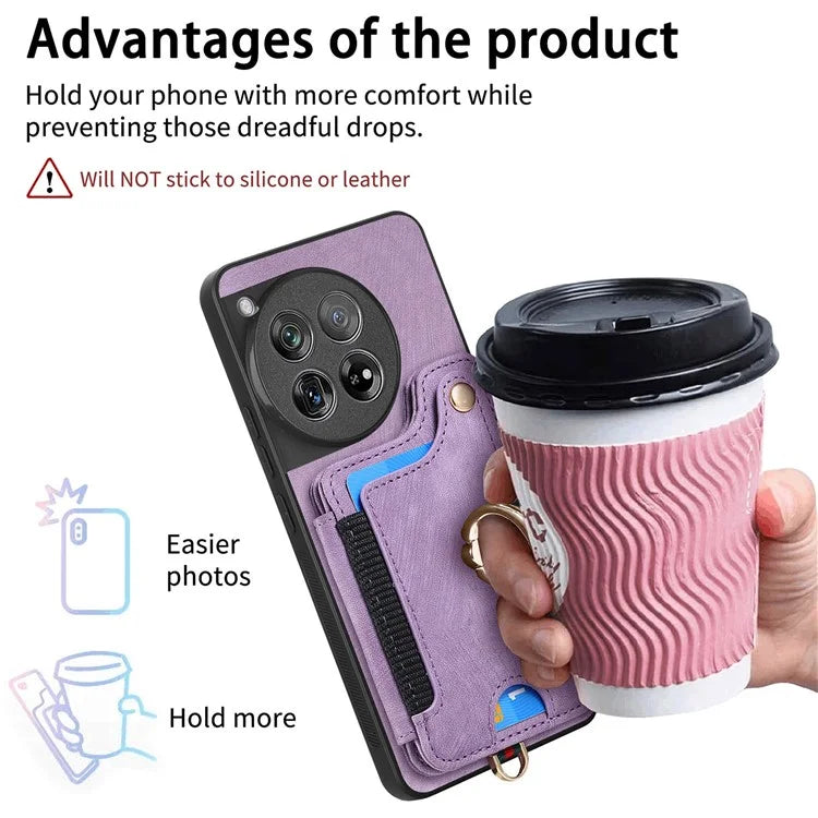 D4 For OnePlus 12 5G Case PU Leather RFID Blocking Back Cover Ring Holder Card Slots