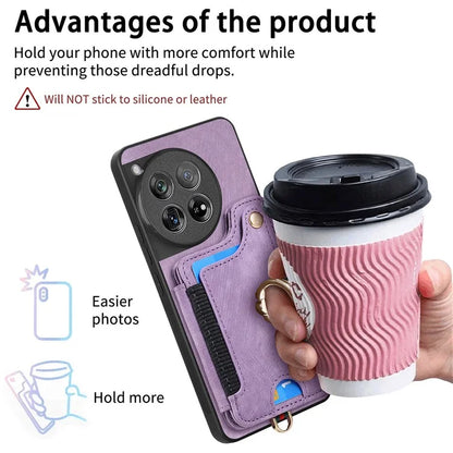 D4 For OnePlus 12 5G Case PU Leather RFID Blocking Back Cover Ring Holder Card Slots