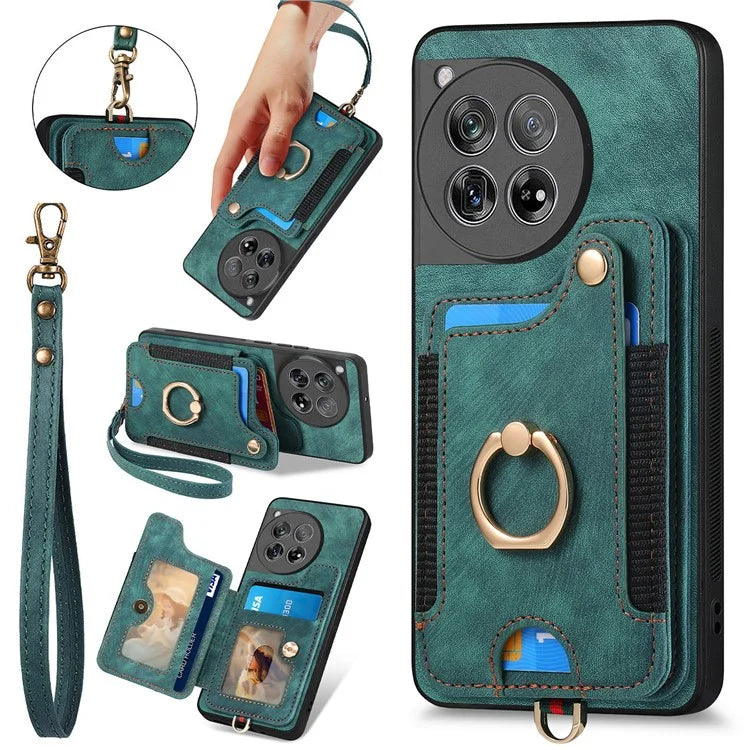 D4 For OnePlus 12 5G Case PU Leather RFID Blocking Back Cover Ring Holder Card Slots