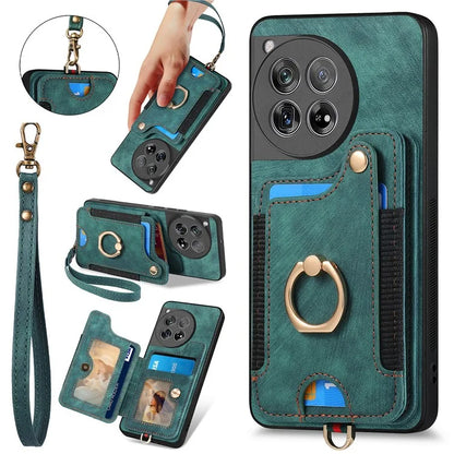 D4 For OnePlus 12 5G Case PU Leather RFID Blocking Back Cover Ring Holder Card Slots