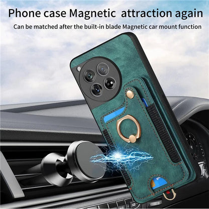D4 For OnePlus 12 5G Case PU Leather RFID Blocking Back Cover Ring Holder Card Slots