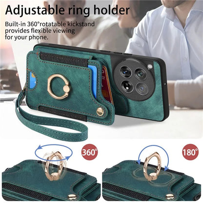 D4 For OnePlus 12 5G Case PU Leather RFID Blocking Back Cover Ring Holder Card Slots