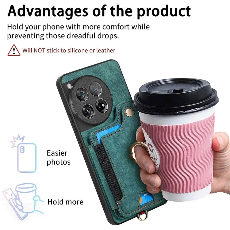 D4 For OnePlus 12 5G Case PU Leather RFID Blocking Back Cover Ring Holder Card Slots