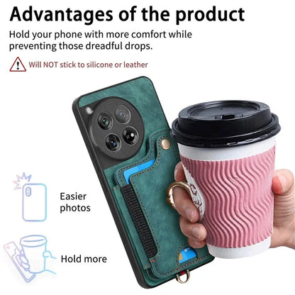 D4 For OnePlus 12 5G Case PU Leather RFID Blocking Back Cover Ring Holder Card Slots