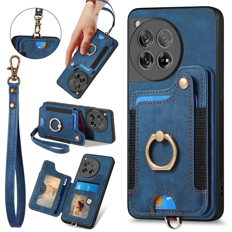 D4 For OnePlus 12 5G Case PU Leather RFID Blocking Back Cover Ring Holder Card Slots